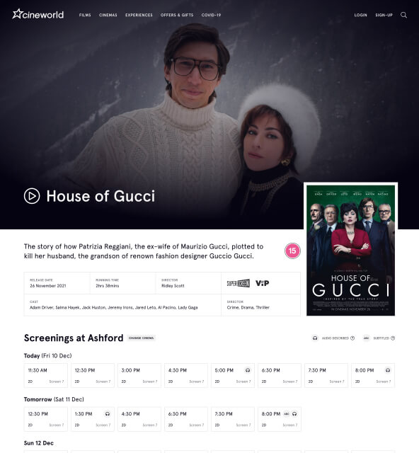 A mockup of the Cineworld website, showing an alternative movie booking flow.