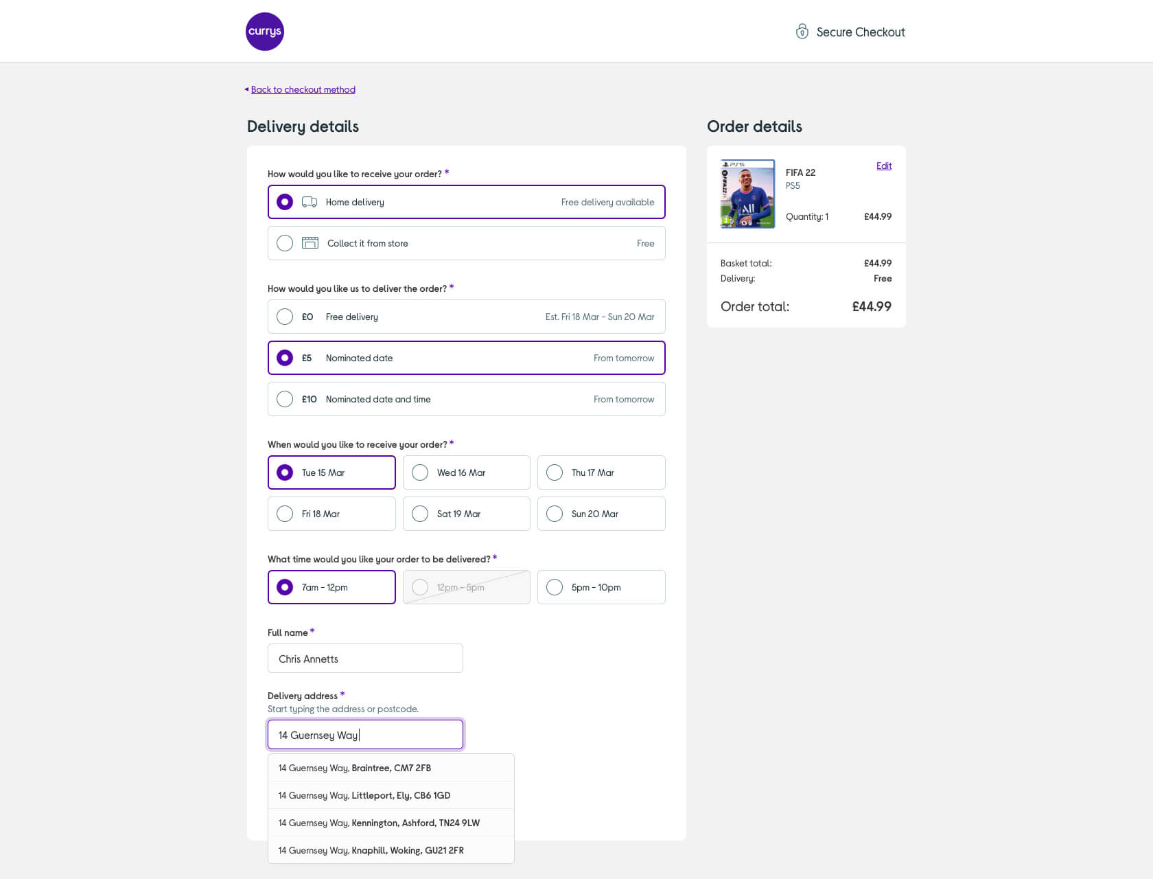 A mockup of the Currys checkout process. The step shown captures the customer's delivery details.