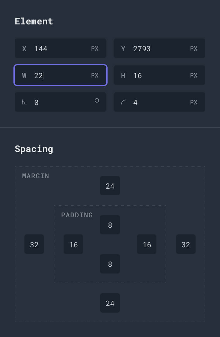 A mockup of controls in a design tool, allowing the user to change sizing, spacing, and general values of an element.